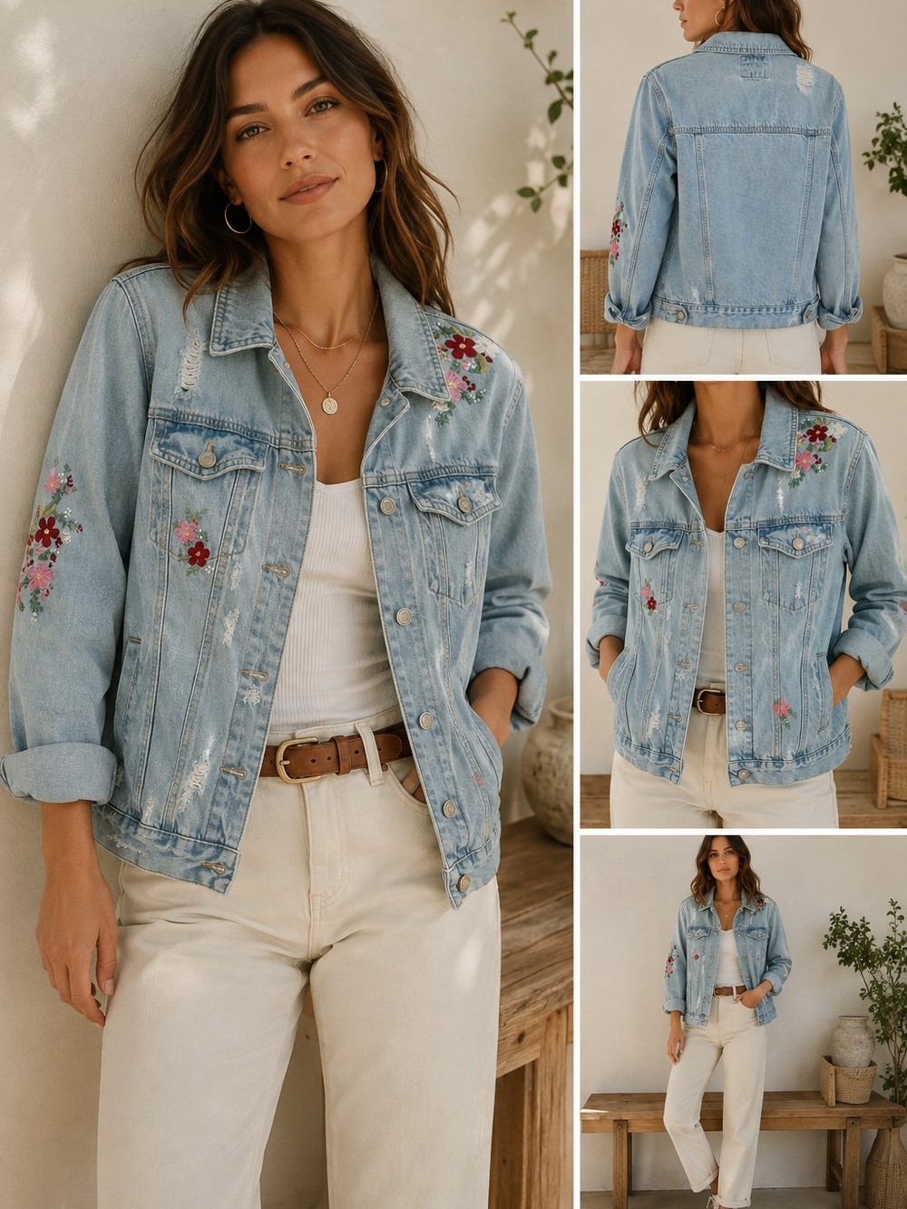 Wax Jean Light Blue Embroidered Denim Jacket with Floral Accents